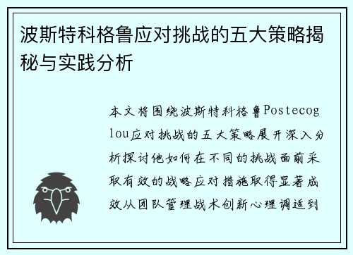 波斯特科格鲁应对挑战的五大策略揭秘与实践分析